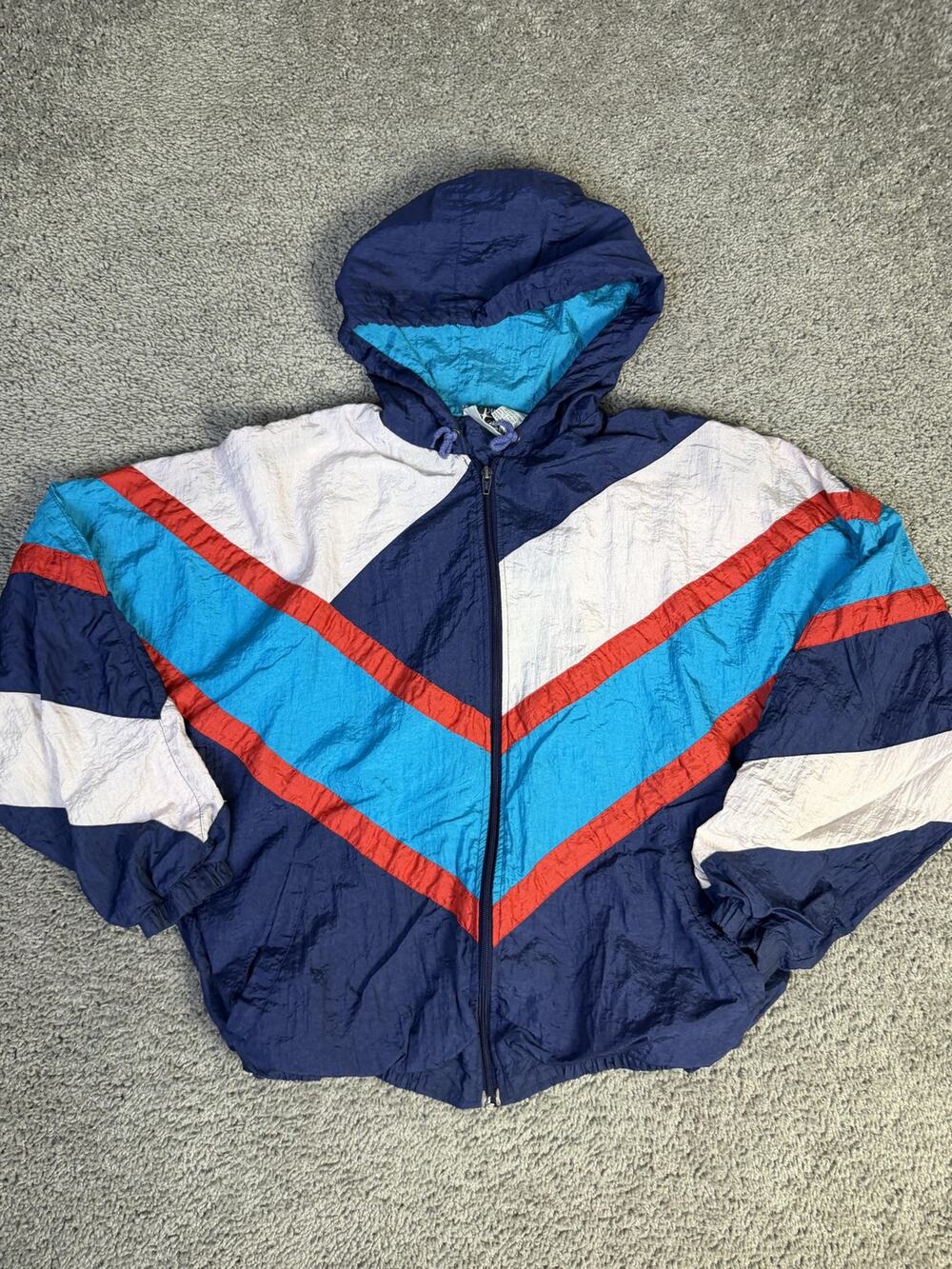 Vintage Sears Active Wear Jacket Mens M Blue Windbreaker Hooded Lined Full Zip
